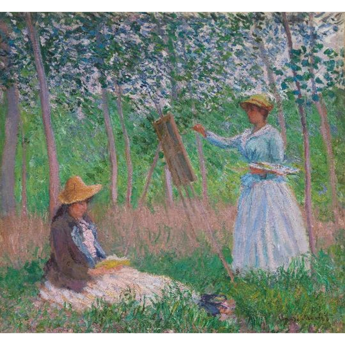 莫內 (Claude Monet, 1840-1926)，〈吉維尼的樹林中:畫架前的貝蘭榭.歐榭德與看 書的蘇珊・歐榭德〉