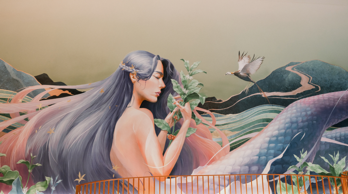 台南「康橋門市」邀請在地藝術家LEHO將女神創作以手繪方式，精心地描繪在弧形牆上。