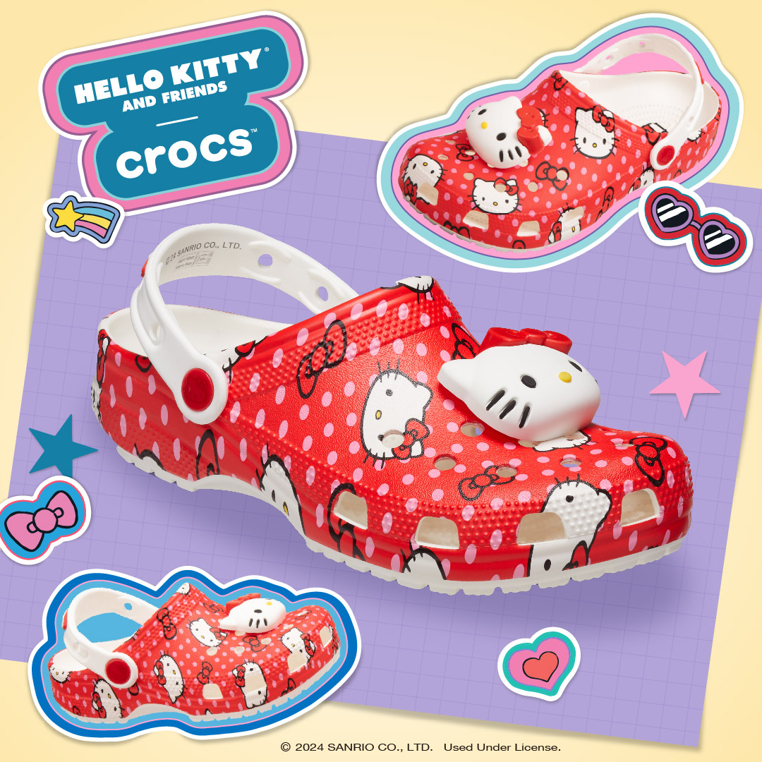 Crocs 卡駱馳經典Hello Kitty 紅色克駱格，NT$2,580 (中性鞋) /NT$1,980(童鞋)