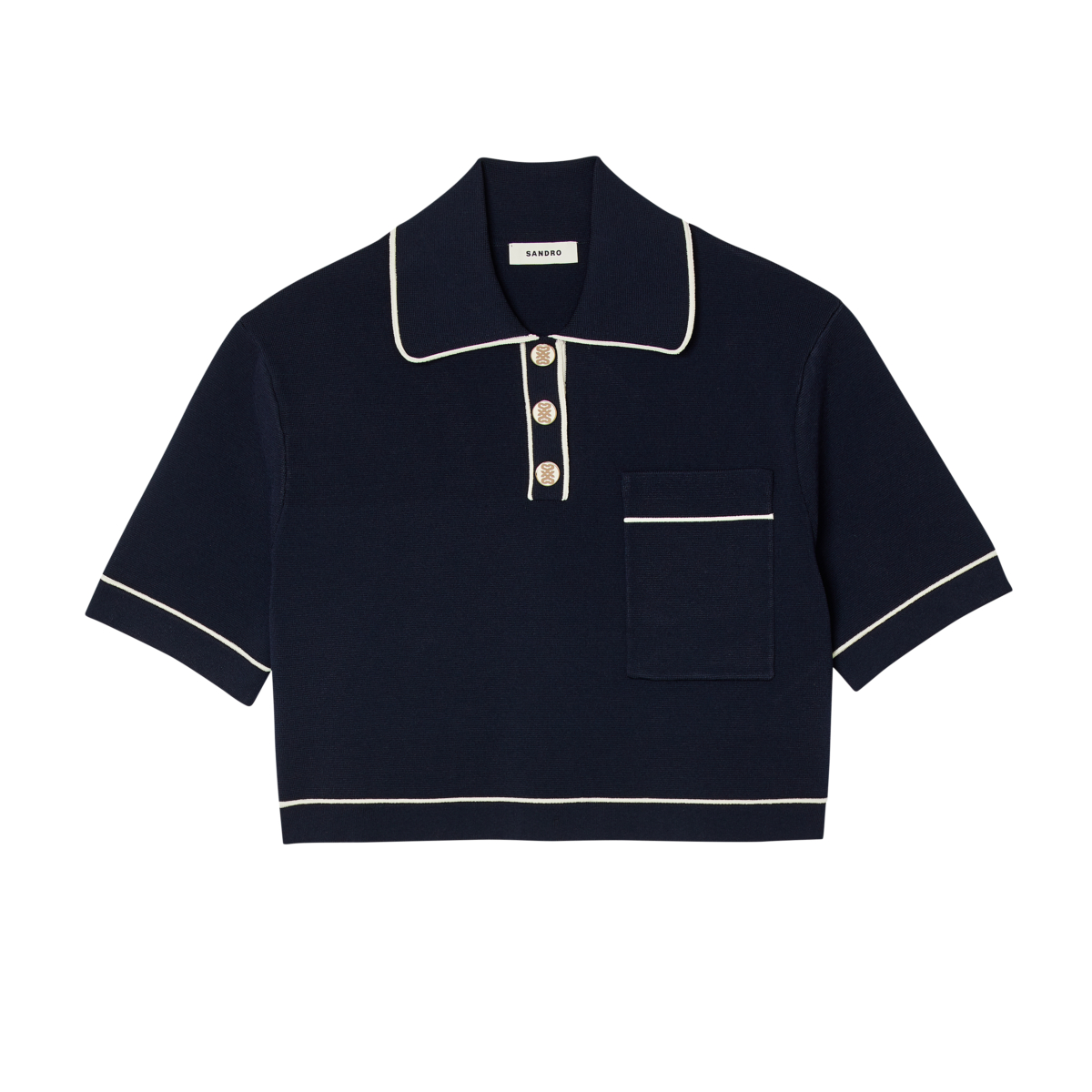 SANDRO 深藍色短版針織上衣，NT$7,490 
