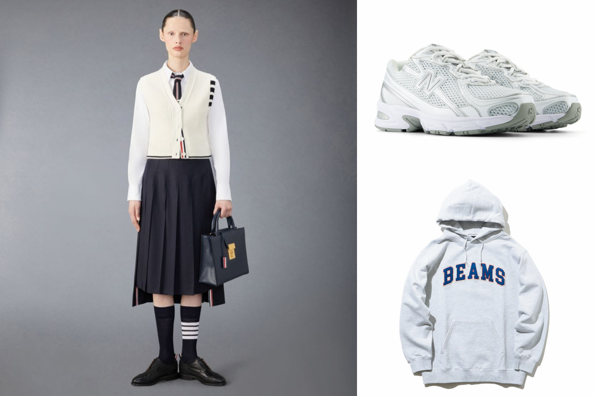 ART HAUS THOM BROWNE 初剪羊毛背心(*SKM ONLY,台南新天地) 推薦價29,200(左,台南新天地)、NB1906 New Balance中性復古鞋U740WM2(*新櫃登場SKM ONLY,台南新天地)推薦價3,280(右上,台南新天地)、BEAMS BEAMS LOGO連帽衛衣 推薦價3,390(*新櫃登場 南部獨家,右下,台南新天地)