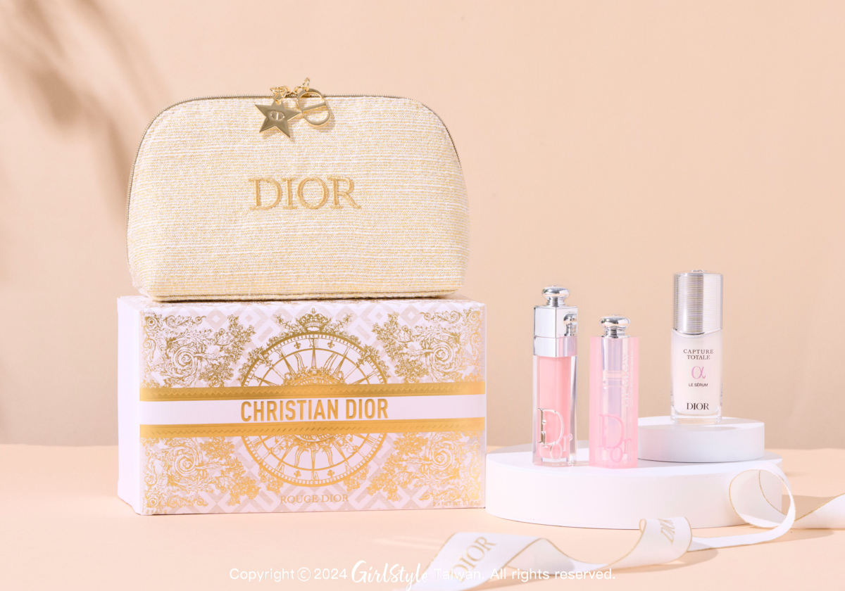 迪奧粉漾雙星美妍組｜內含DIOR豐漾俏唇蜜 6ml、DIOR癮誘粉漾潤唇膏 3.2g、逆時能量精華 10 ml、金燦半月美妝包
