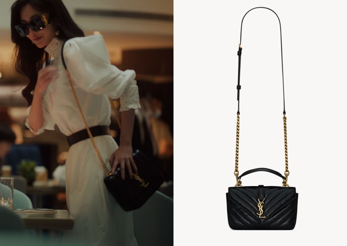 Saint Laurent  COLLEGE 黑色亮面裂紋皮革迷你鏈條手袋