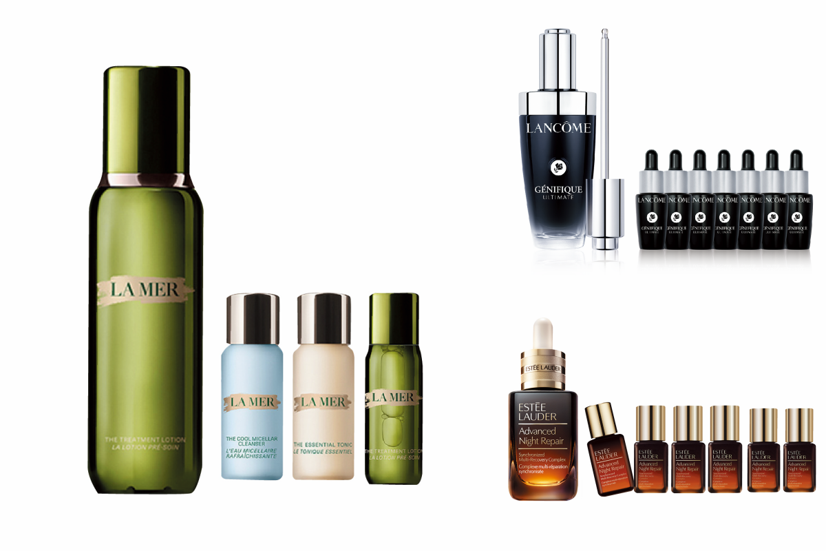 LA MER 補水嫩亮組(*限量) 特價6,840 原價10,270(左,台南新天地)、LANCOME No.1小黑瓶發燒組(*11/7限定發售,台南新天地)特價4,095 原價9,100(右上,台南新天地)、ESTEE LAUDER 全方位小棕修護組(*11/7限定發售,台南新天地) 特價4,450 原價8,900(右下,台南新天地)