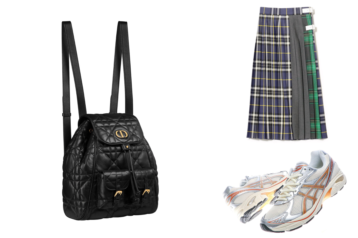 DIOR DIOR CARO黑色小羊皮大型籐格紋後背包小型款NTD110,000元(左,DIAMOND TOWERS)、BEAMS O’NEIL OF DUBLIN × Demi-Luxe BEAMS 女裝羊毛拼接EASY長裙(*全台獨家,DIAMOND TOWERS)推薦價12,200元(右上,DIAMOND TOWERS)、ASICS ASICS x ATMOS GT-2160 推薦價3,580元(右下,DIAMOND TOWERS)