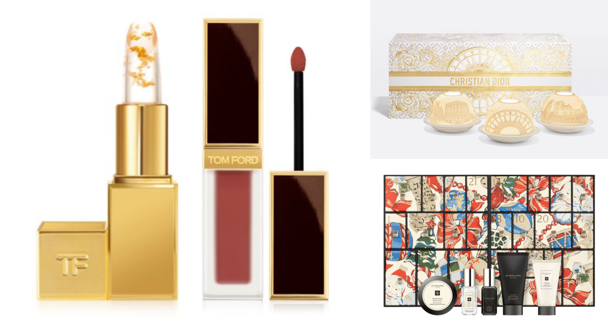 TOM FORD 絨霜唇萃金箔唇膏組 推薦價4,085元(左,DIAMOND TOWERS)、迪奧香氛世家 迪奧香氛世家系列- 透光瓷香氛燭台禮盒(* NEW新品上市,DIAMOND TOWERS)推薦價16,000 元(右上,DIAMOND TOWERS)、JO MALONE LONDON 璀璨復古派對 25天倒數月曆 推薦價17,400元(右下,DIAMOND TOWERS)