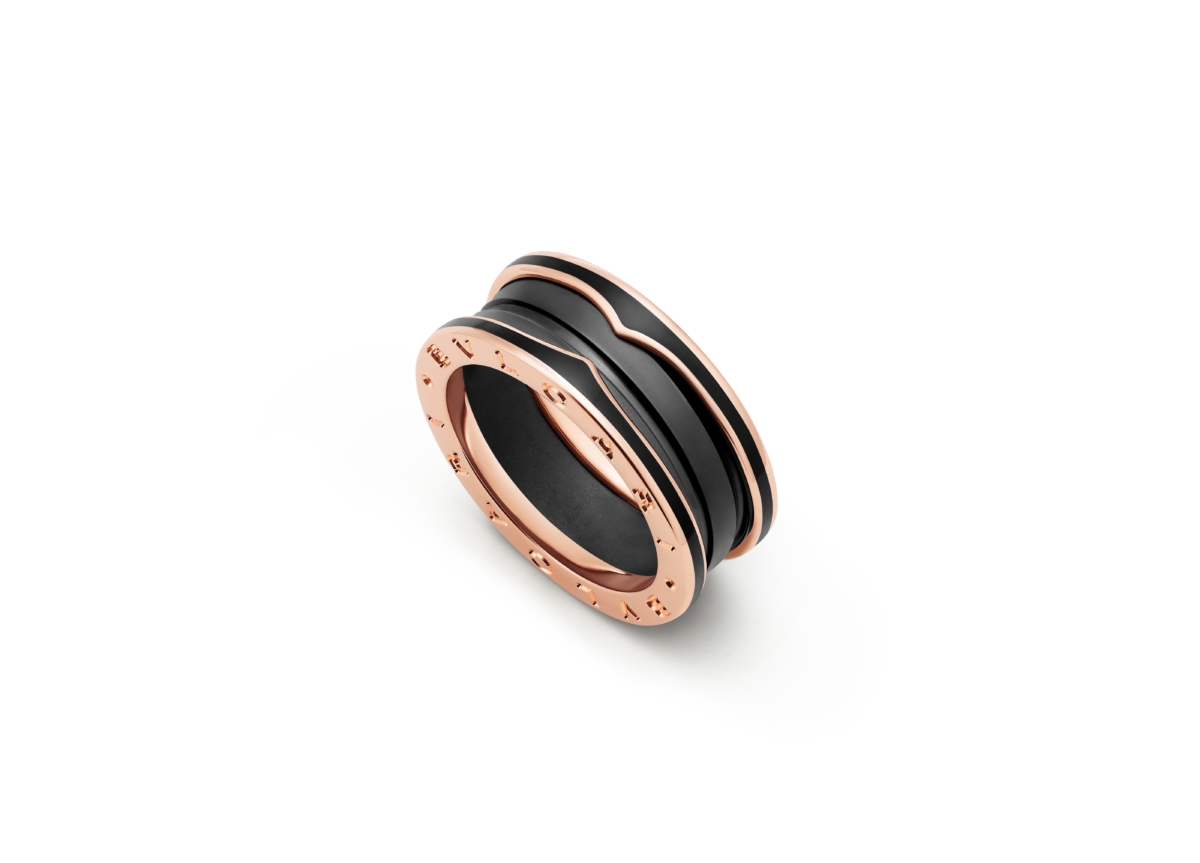 BVLGARI B.ZERO1系列 玫瑰金啞光黑陶瓷雙環戒指