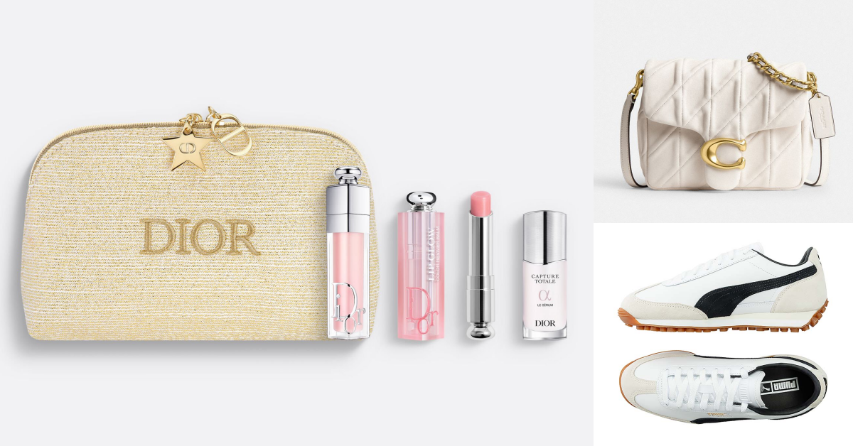 DIOR 迪奧粉漾雙星美妍組 推薦價 2,700(左,高雄左營店)、COACH TIMES SQUARE TABBY絎縫單肩手袋 推薦價 21,800(右上,高雄左營店)、PUMA Easy Rider Mix休閒鞋 特價 2,624 原價 3,280(右下,高雄左營店)