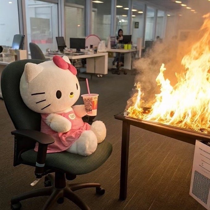 網友用AI生成「Hello Kitty搗亂辦公室」