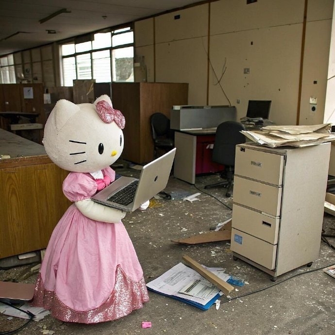 網友用AI生成「Hello Kitty搗亂辦公室」