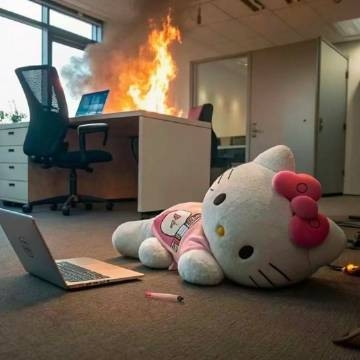 網友用AI生成「Hello Kitty搗亂辦公室」