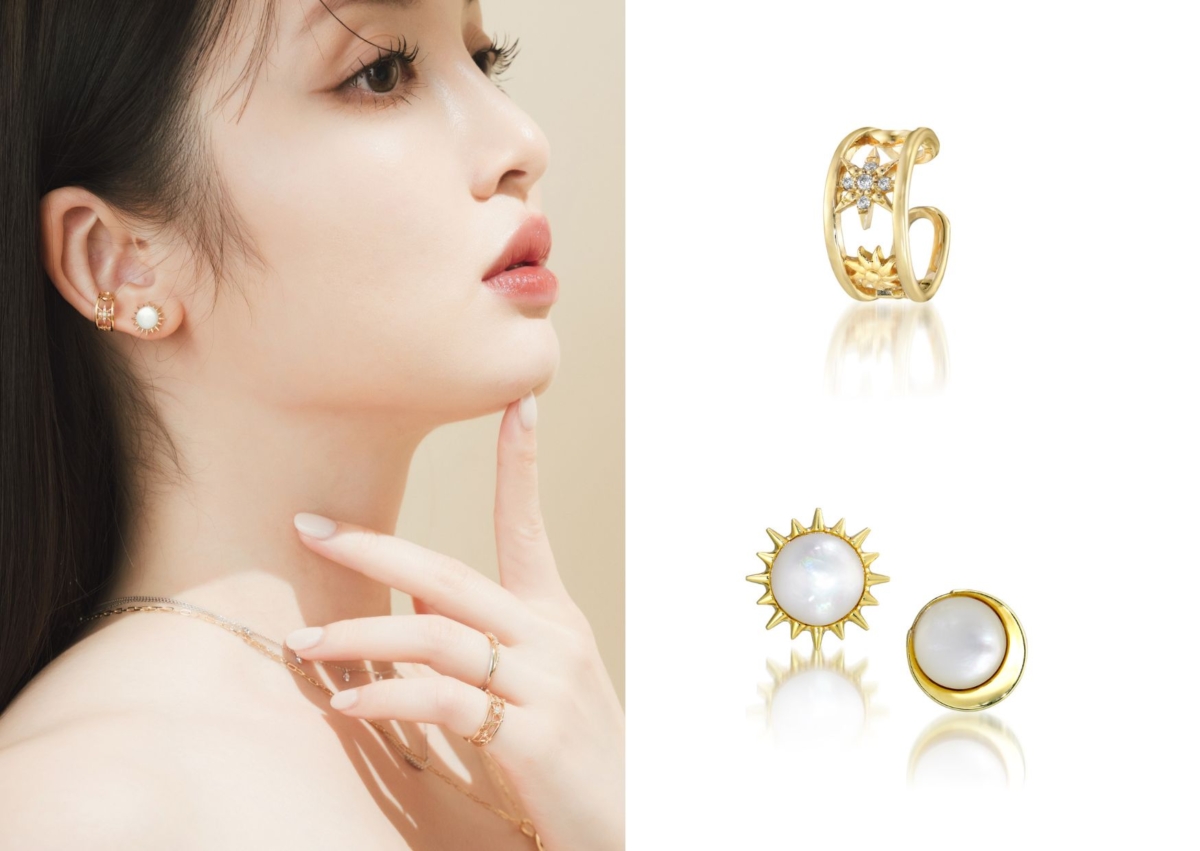 MOON&SUN 系列 K18 耳骨夾,NT$14,900;K10 珍珠母貝耳環,NT$9,800