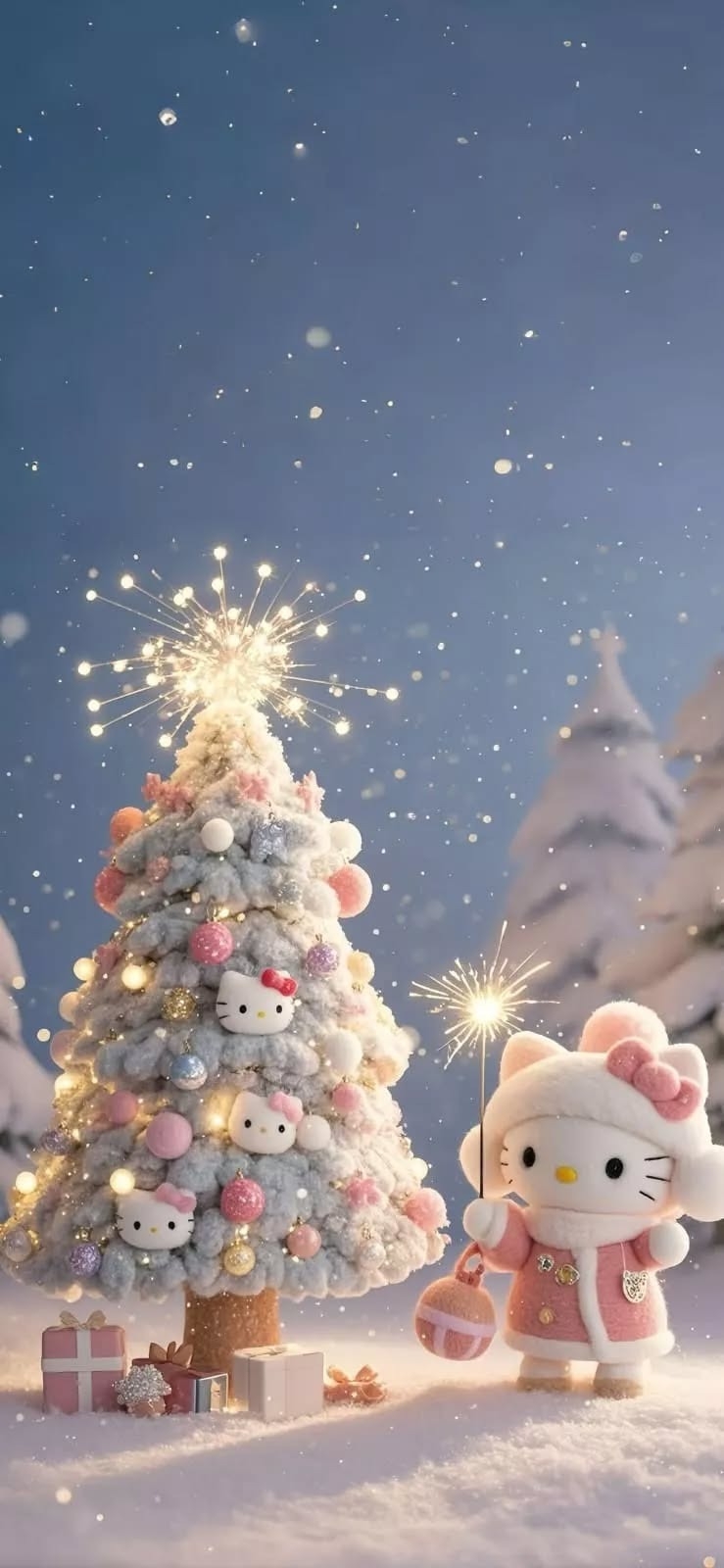 Hello Kitty冬季聖誕節手機桌布，讓雪花飄落的凱蒂貓溫暖你的冬天