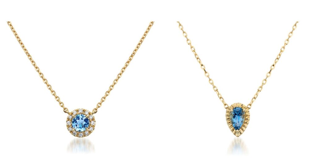 HALO SANTA MARIA AQUAMARINE 系列,K18 海藍寶石項鍊,NT$33,400;K18 海藍寶石項鍊,NT$21,300