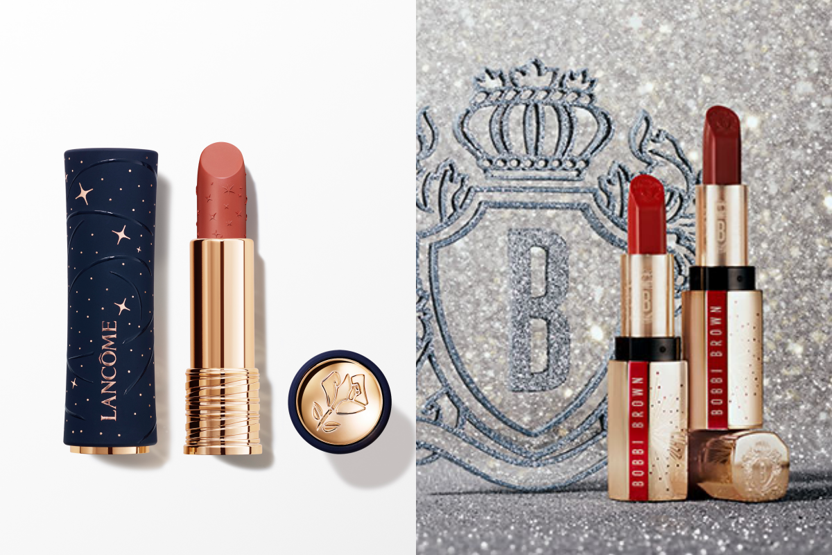 LANCOME絕對完美柔霧唇膏 273 (2024聖誕限量版)推薦價$1,480(左)、BobbiBrown 璀璨星光系列金緻緞光唇膏 推薦價1450元(右)