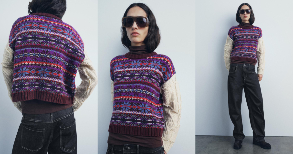 撞色提花針織衫