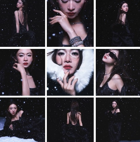 吳謹言夜空飛雪寫真以皮草、黑衣黑背景巧妙遮住腹部。
