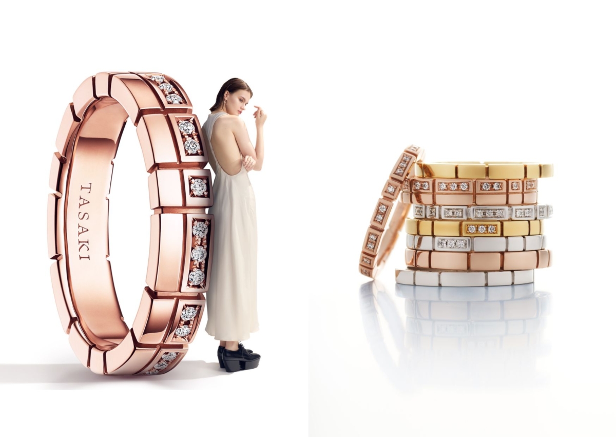 TASAKI PIANO Duet_18K 櫻花金鑽石戒指,NT$121,000(左)