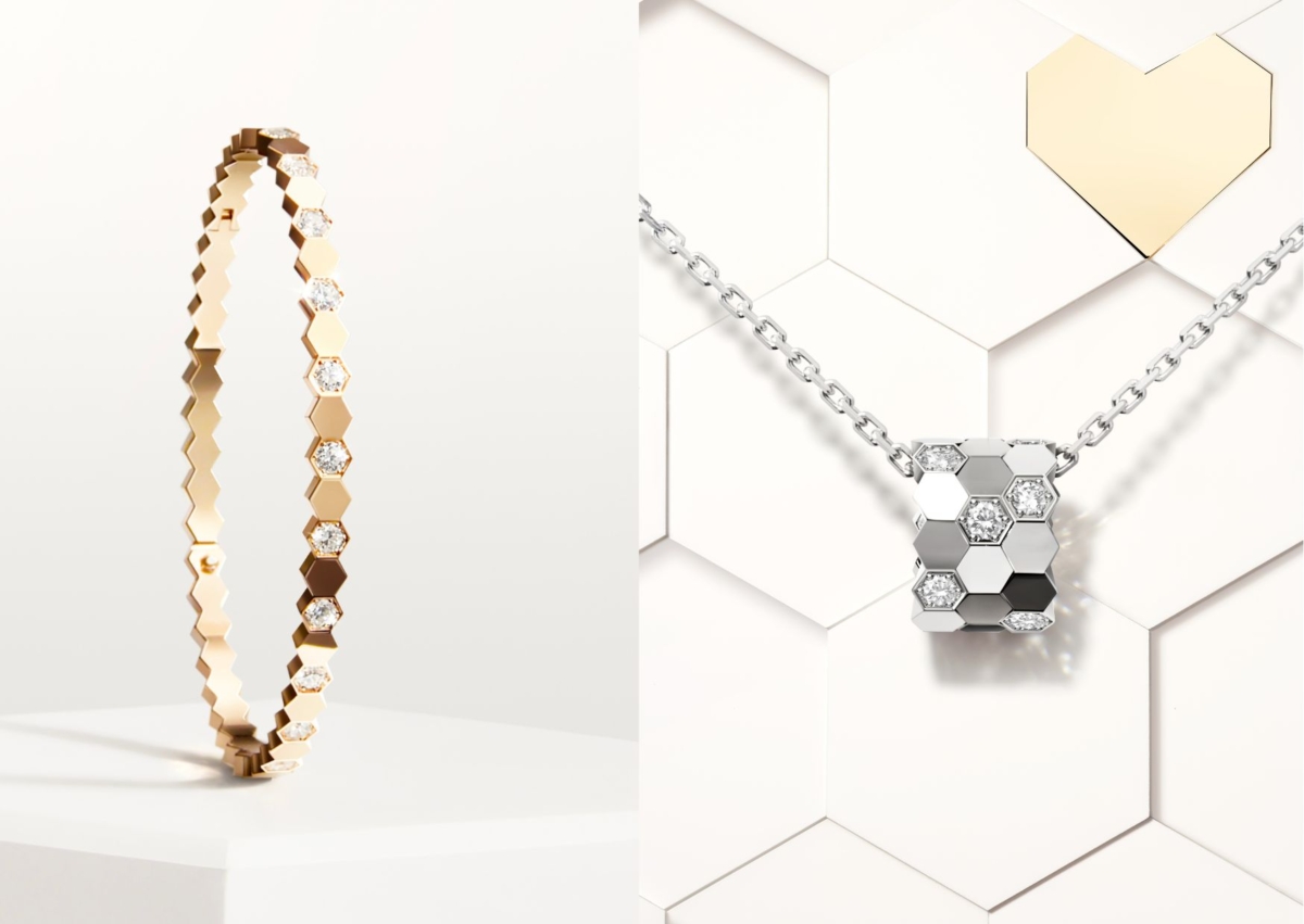 CHAUMET Bee My Love 手環 18K 玫瑰金、明亮式切割鑽石,NT$ 389,000;Bee My Love 中型項鍊18K 白金、明亮式切割鑽石,NT$ 210,000