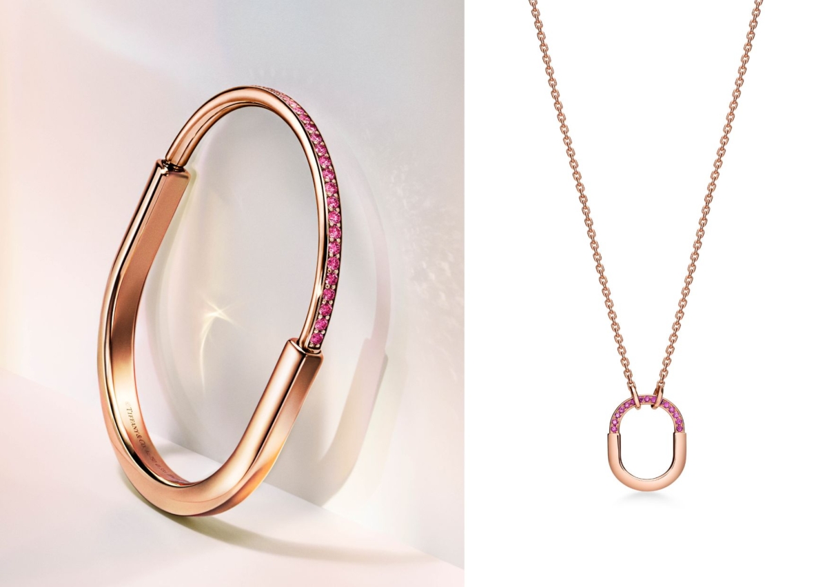 Tiffany Lock 18K 玫瑰金鑲嵌粉色藍寶石手環;Tiffany Lock 18K 玫瑰金鑲嵌粉色藍寶石鏈墜(小型款)