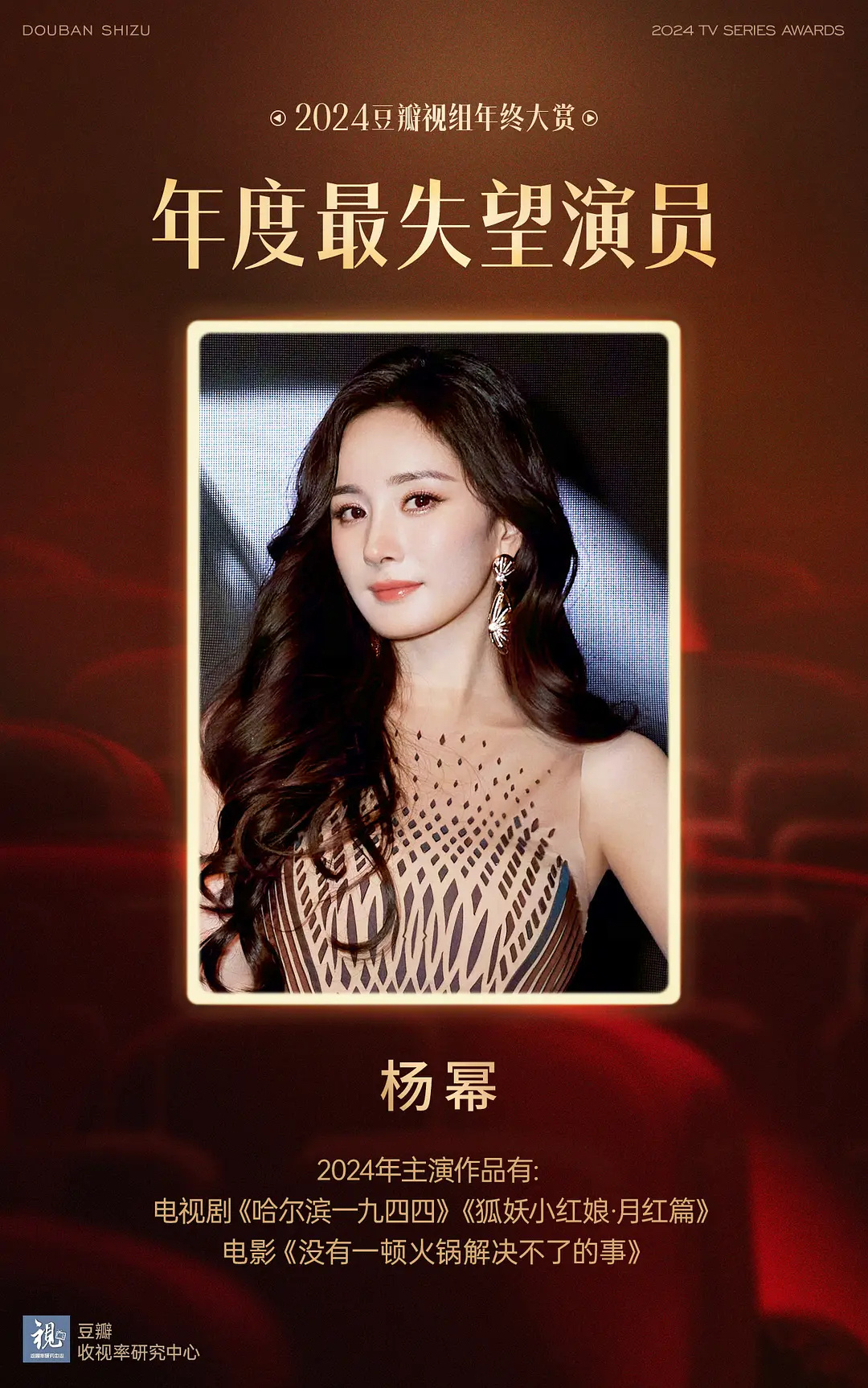 2024豆瓣視組年終大賞「年度最失望女演員」由楊冪摘下。