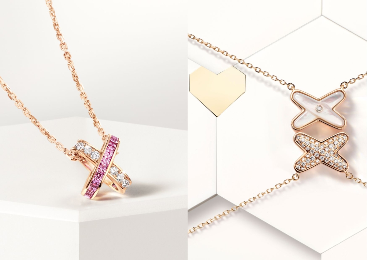 CHAUMET Jeux de Liens 項鍊 18K 玫瑰金、方形切割粉紅剛玉、明亮式切割鑽石,NT$ 229,000;Jeux de Liens 項鍊 18K 玫瑰金、珍珠母貝,NT$ 54,200;Jeux de Liens 項鍊 18K 玫瑰金、明亮式切割鑽石,NT$ 132,000