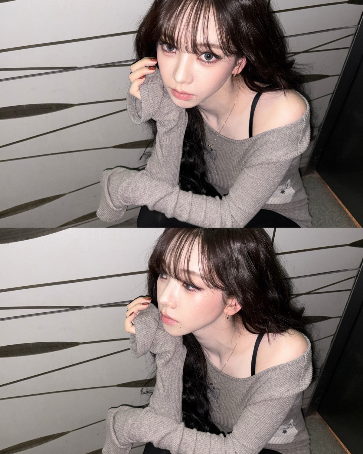 aespa Karina 隱約露出鎖骨或肩膀，讓造型更具吸引力卻不會過於刻意。