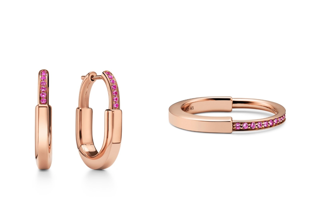 Tiffany Lock 18K 玫瑰金鑲嵌粉色藍寶石耳環(小型款);Tiffany Lock 18K 玫瑰金鑲嵌粉色藍寶石戒指