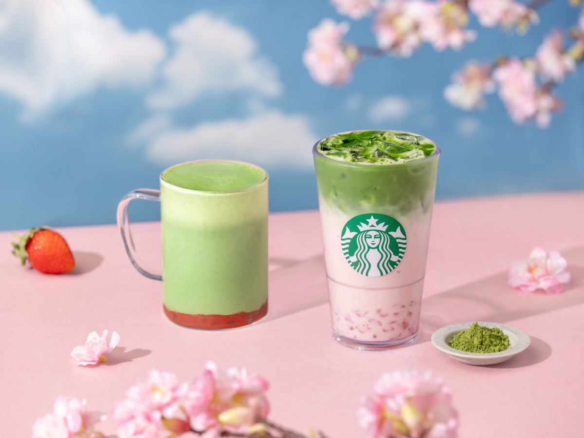 以粉嫩櫻花季為靈感,加入全新推出的櫻花風味麻糬丁「櫻花風味草莓抹茶那堤」