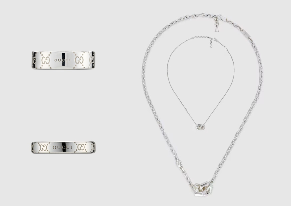 GUCCI GG Signature 寬版戒指,NT$ 13,500;GG Signature 窄版戒指,NT$ 12,400;G Cube 項鍊, NT$ 28,000;G Cube 項鍊,NT$ 21,700