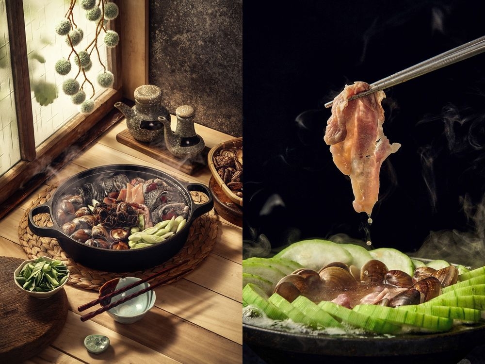 萬客什鍋魷魚螺肉蒜烏骨雞鍋、絲瓜蛤蠣石頭鍋以酒家菜為靈感,呈現出台式宴般的暖心美味。