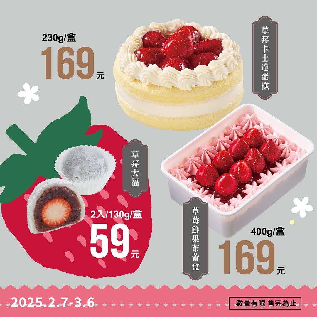 全聯We SweetX法朋烘焙甜點坊聯名的「草莓卡士達蛋糕」、「草莓鮮果布蕾盒」價格落在百元上下。