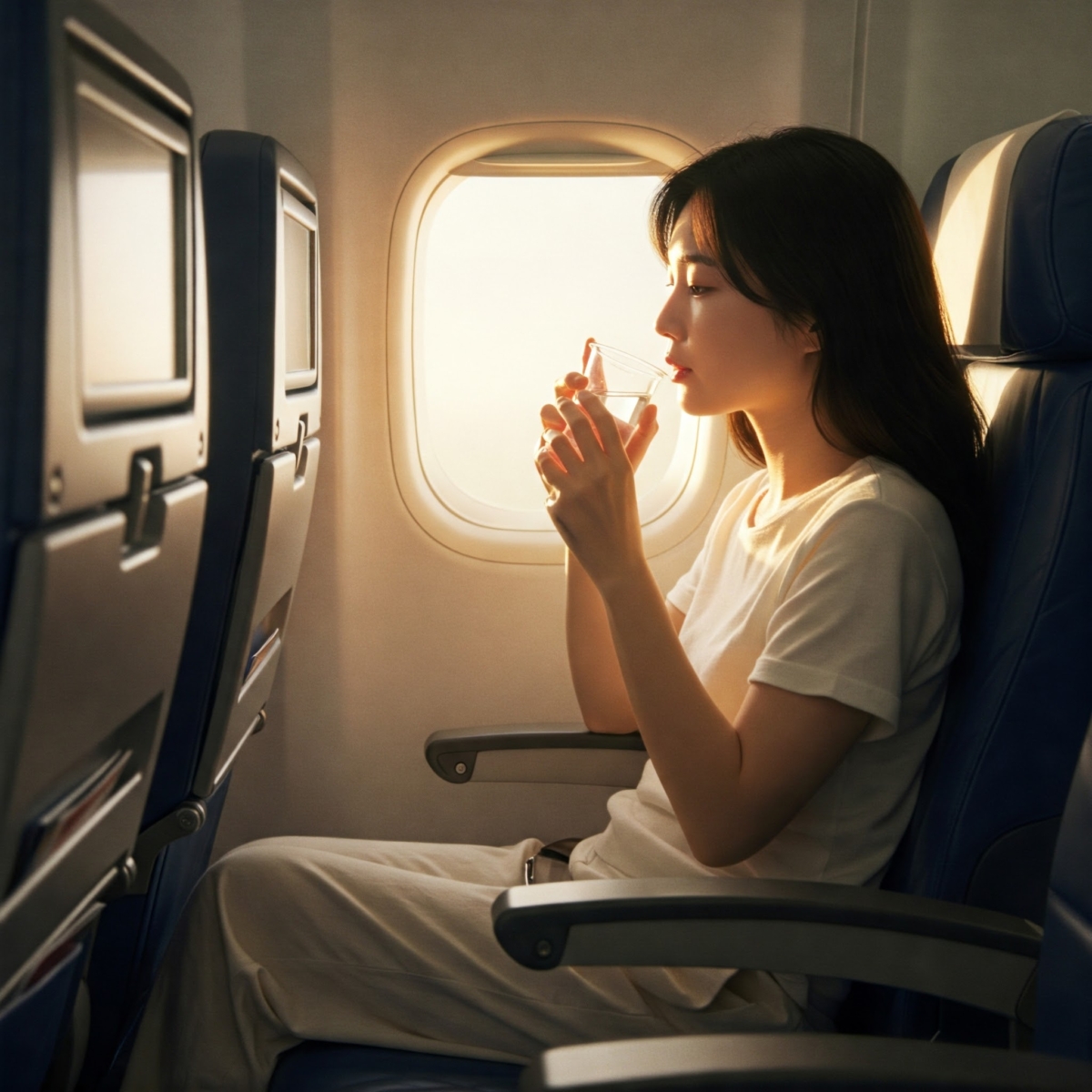 在飛行途中，攝取充足的水份絕對是保養最重要第一件事