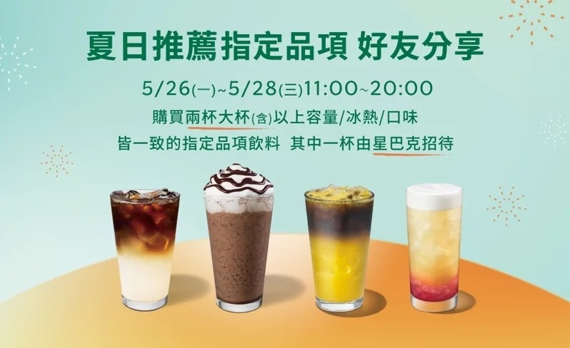 星巴克端午連假前夕釋出「夏日推薦指定品項.好友分享日」優惠活動。