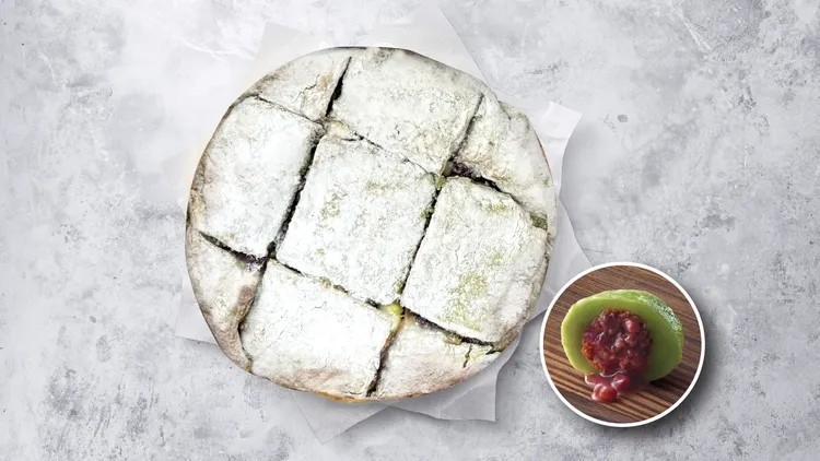 必勝客「紅豆艾香麻糬比薩」紅豆餡料多到爆漿。