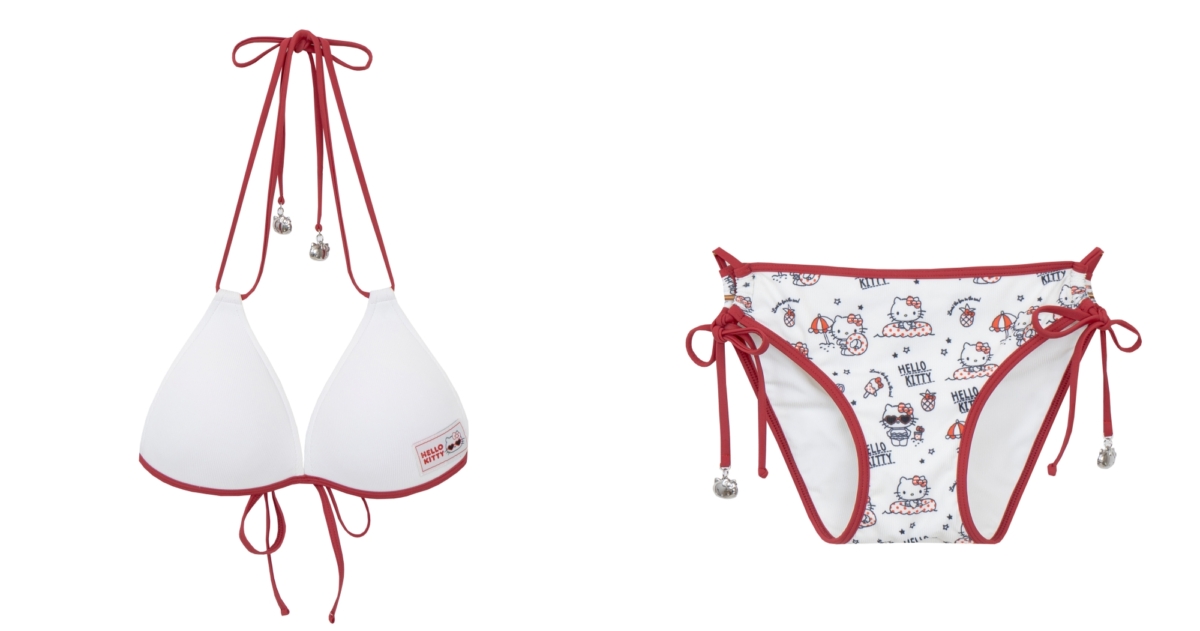 AIR SPACE X 烤焦Hello Kitty DOUBLE PUSH終極美波撞色雙綁帶比基尼,NT$1,690/2WAY復古撞色側綁 帶泳褲NT$890