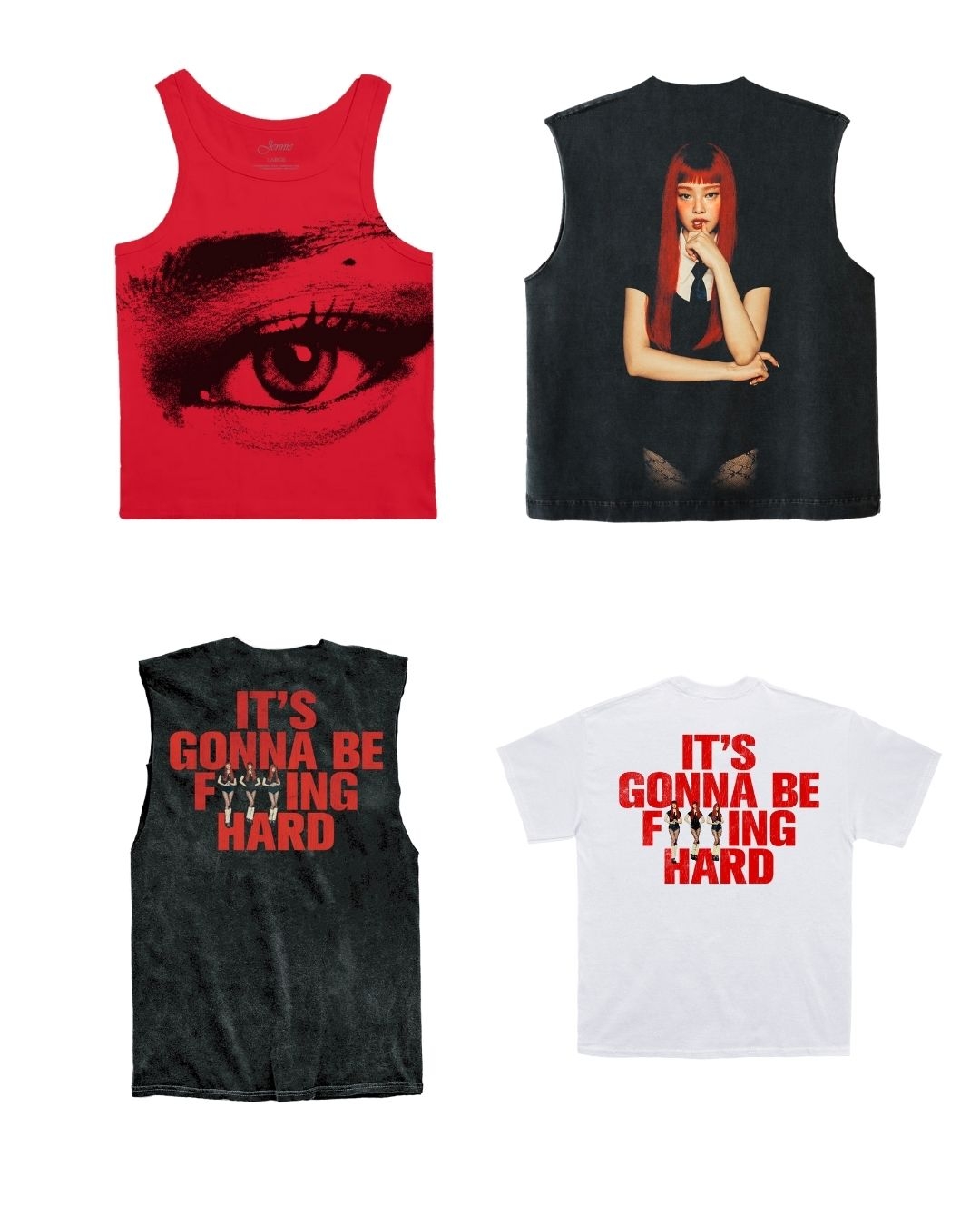 （左上）《Ruby》眼睛背心，台幣1260元；（右上）《Ruby》無袖T恤，台幣1720元；（左下）「Like JENNIE」歌詞背心，台幣1720元；（右下）「Like JENNIE」歌詞T恤，台幣1530元。