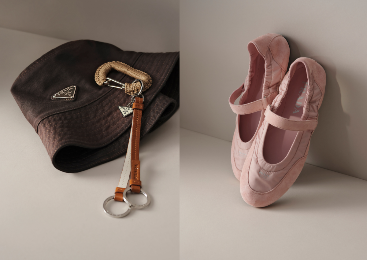 Prada 皮革吊飾，NT$ 24,500 ；Prada 帆布漁夫帽，NT$ 31,500；Prada Re-Nylon 麂皮便鞋，NT$ 33,000