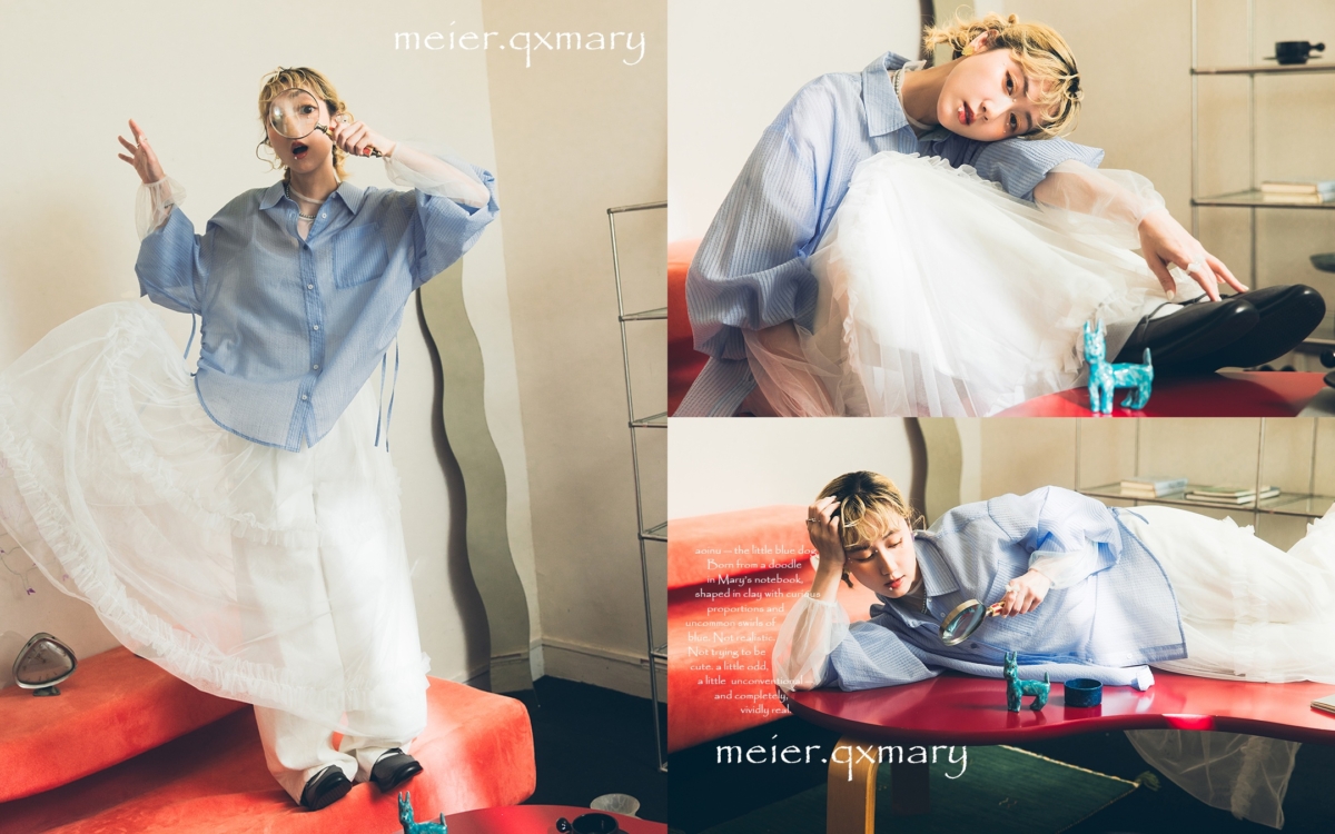 Mary以後調節設計繭型牛仔褲搭配紗裙和透肌感直紋雙綁帶寬版襯衫