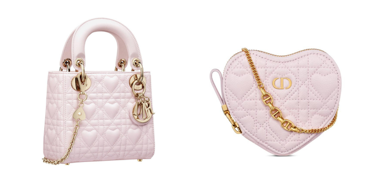 Lady Dior bag 粉色愛心Cannage籐格紋小羊皮迷你包，NT$ 190,000；Dior Caro粉色愛心Cannage籐格紋小牛皮迷你包，NT$ 39,500