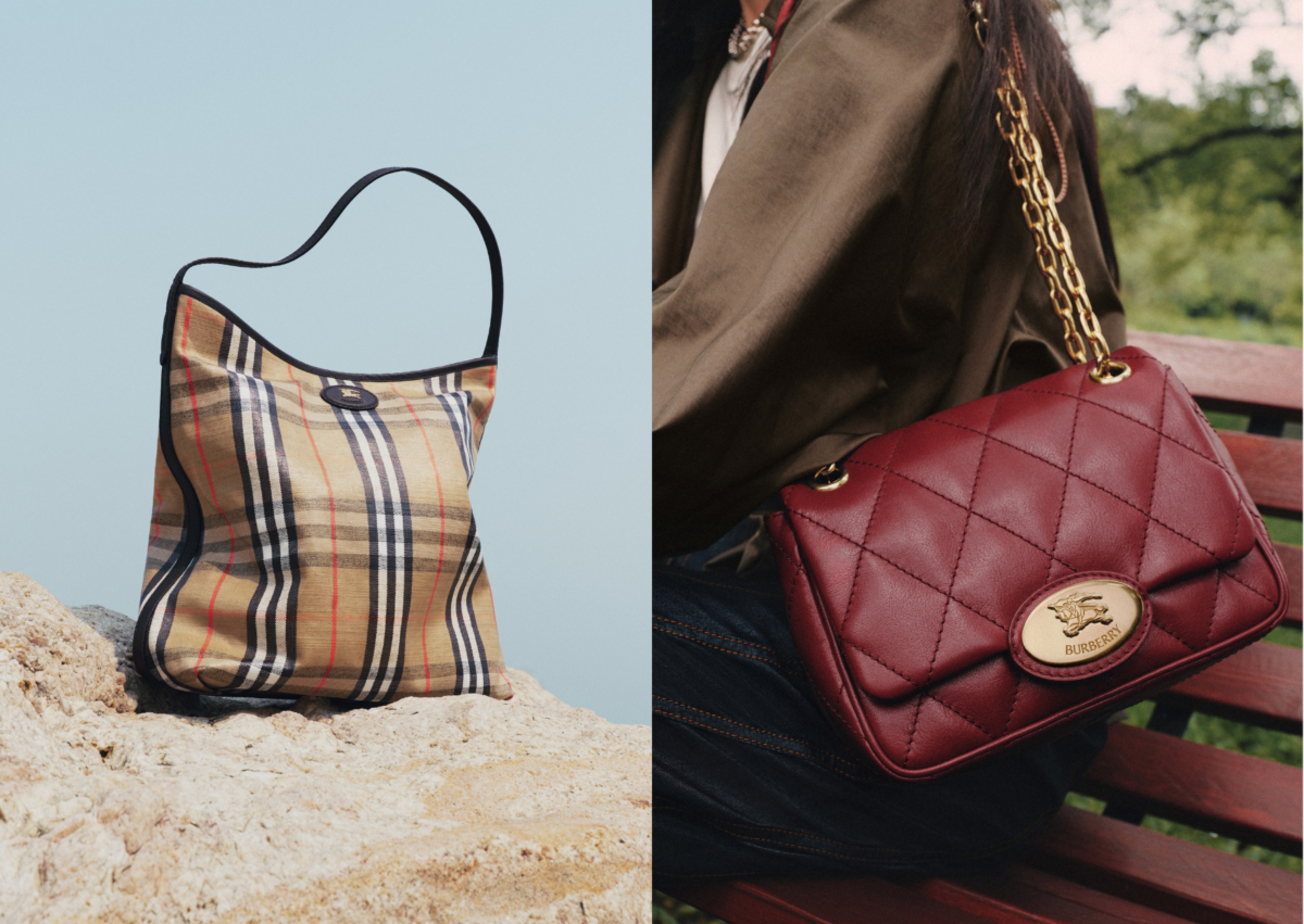 Burberry 沙色小型 Highlands 肩背包，NT$ 46,500；Burberry 果籃色小型 Strand 包，NT$ 75,000