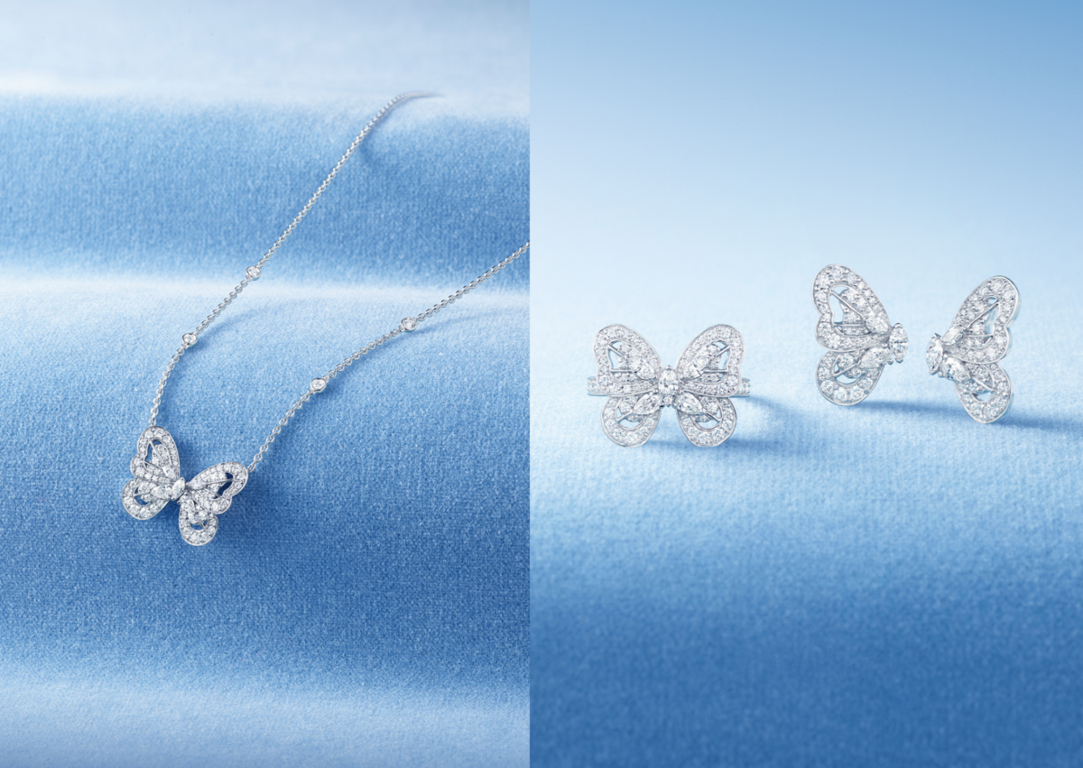 De Beers Portraits of Nature 系列 butterfly 鑽石吊墜項鍊;De Beers Portraits of Nature 系列 butterfly 鑽石戒指與耳環