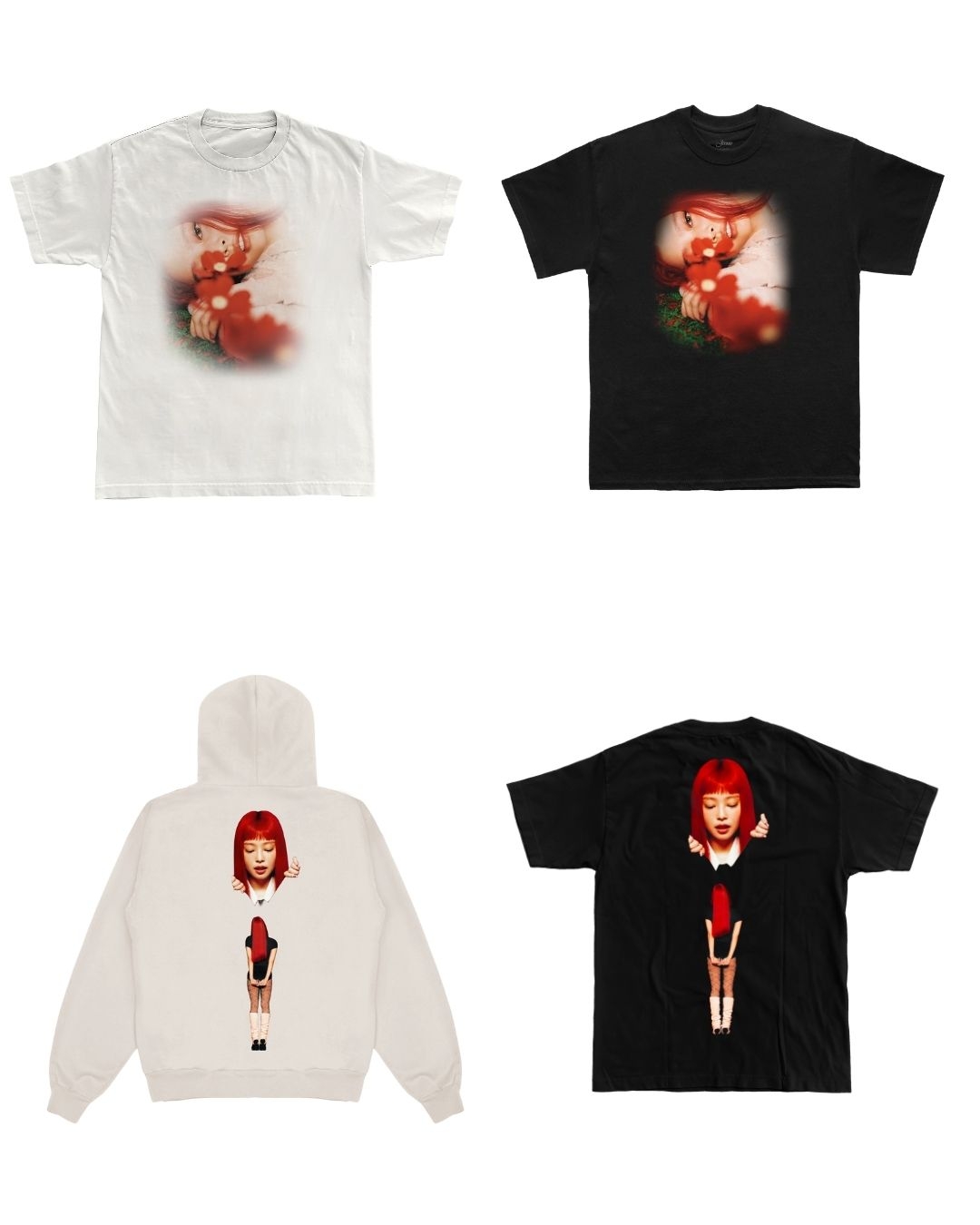 （左上、右上）Complex Jennie Tee，台幣1530元；（左下）Complex Jennie 連帽帽Tee，台幣3800元；（右下）《Ruby》專輯T恤，台幣1530元。