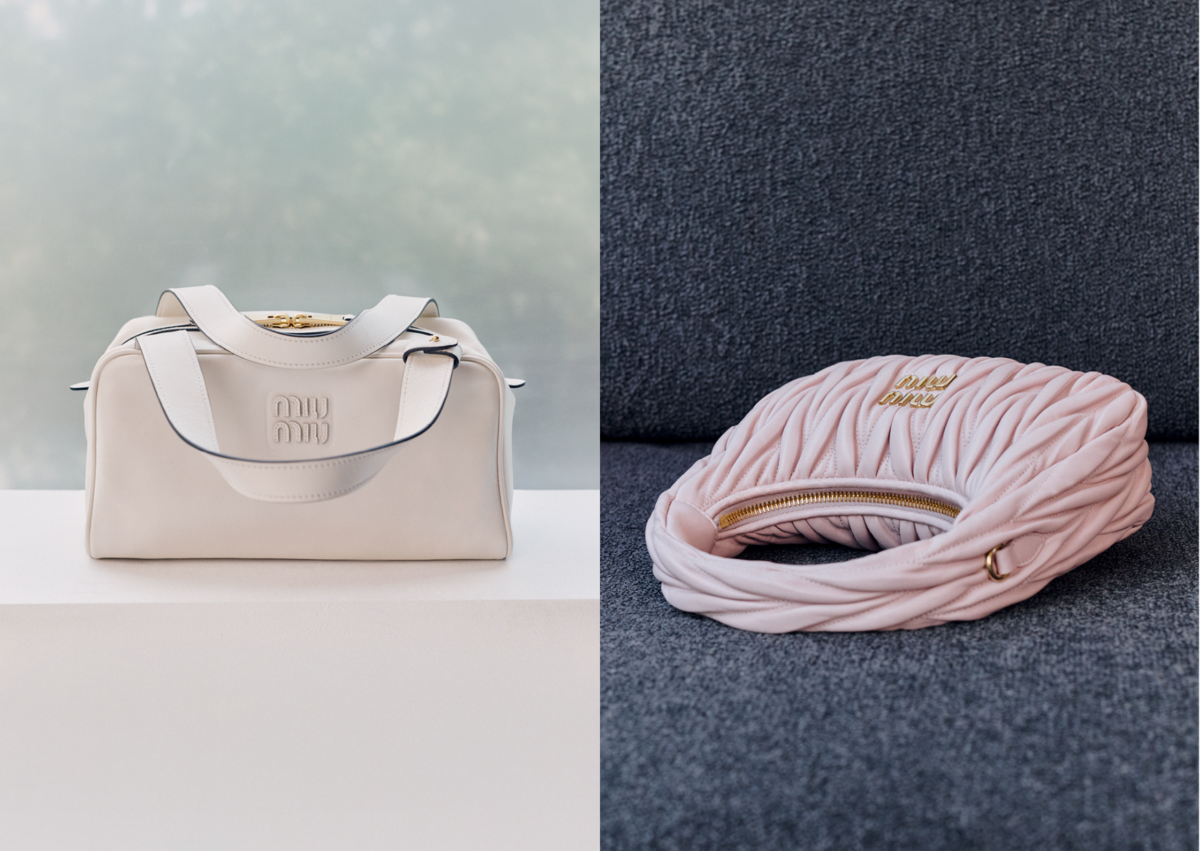 Miu Miu 皮革提包，NT$ 99,000；Miu Miu Wander Matelassé 納帕皮革半月形肩背包，NT$ 92,000