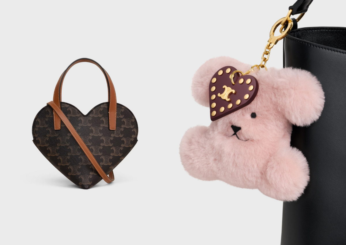 CELINE TEEN COEUR 標誌印花手袋，NT$ 40,000；CELINE TRIOMPHE 絨球吊飾，NT$ 22,500