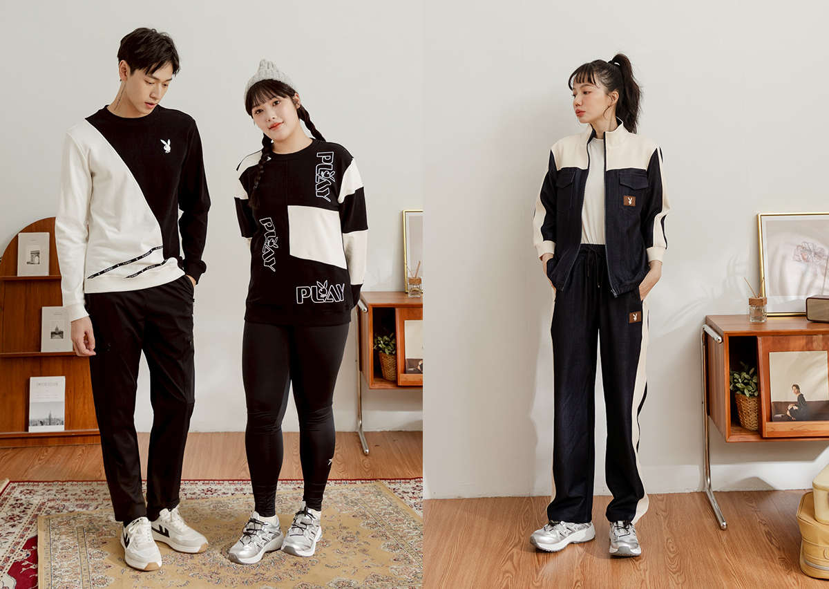 白色不對稱剪裁上衣652-016(左)、黑白色塊拼接印花上衣652-017(中)、撞色萊賽爾牛仔外套752-021+撞色萊賽爾直筒長褲752-022(右)