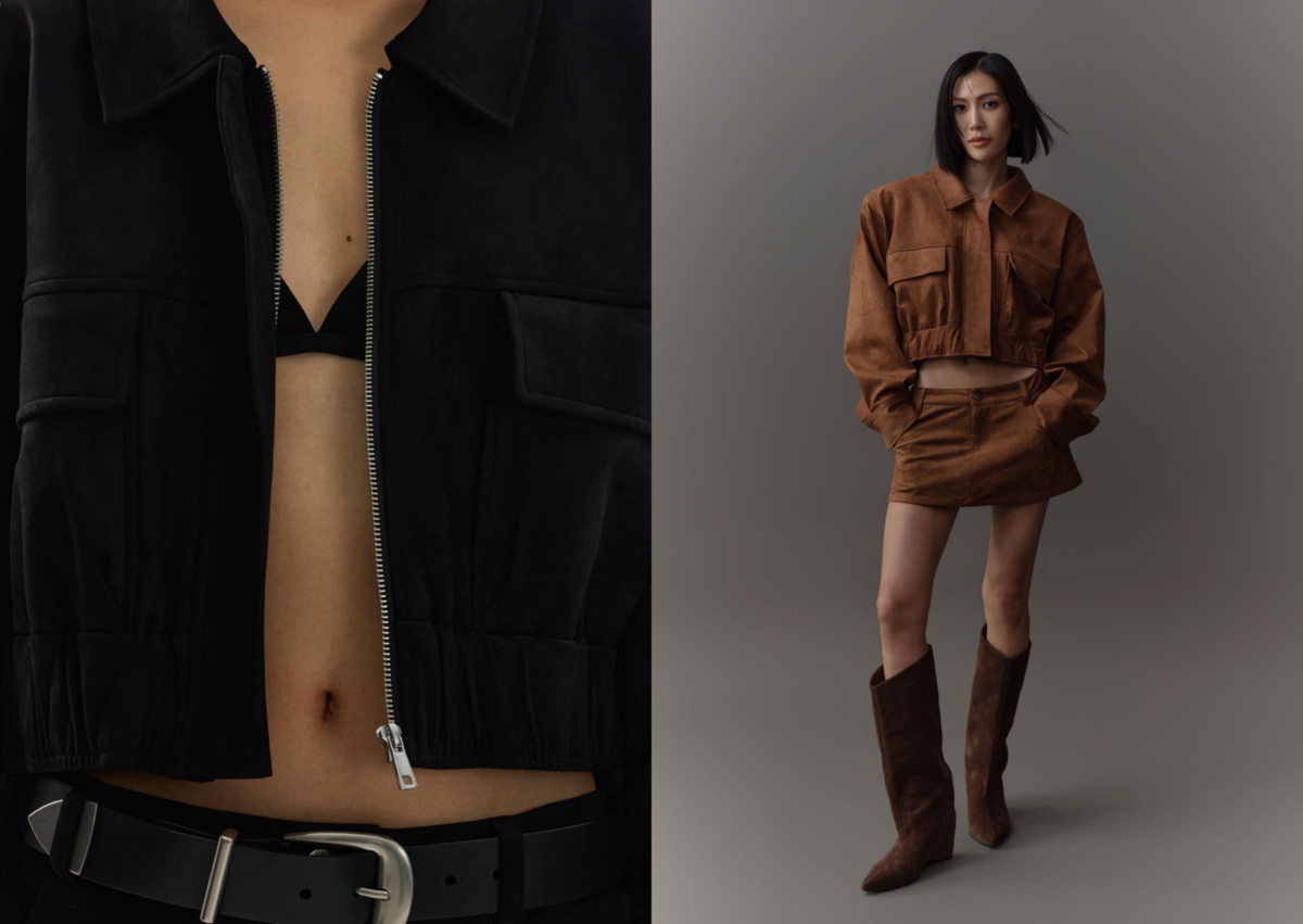 Doe：Molly 麂皮絨闊肩短夾克：建議售價 $3,680 / 焦糖棕.黑 / S.M.L