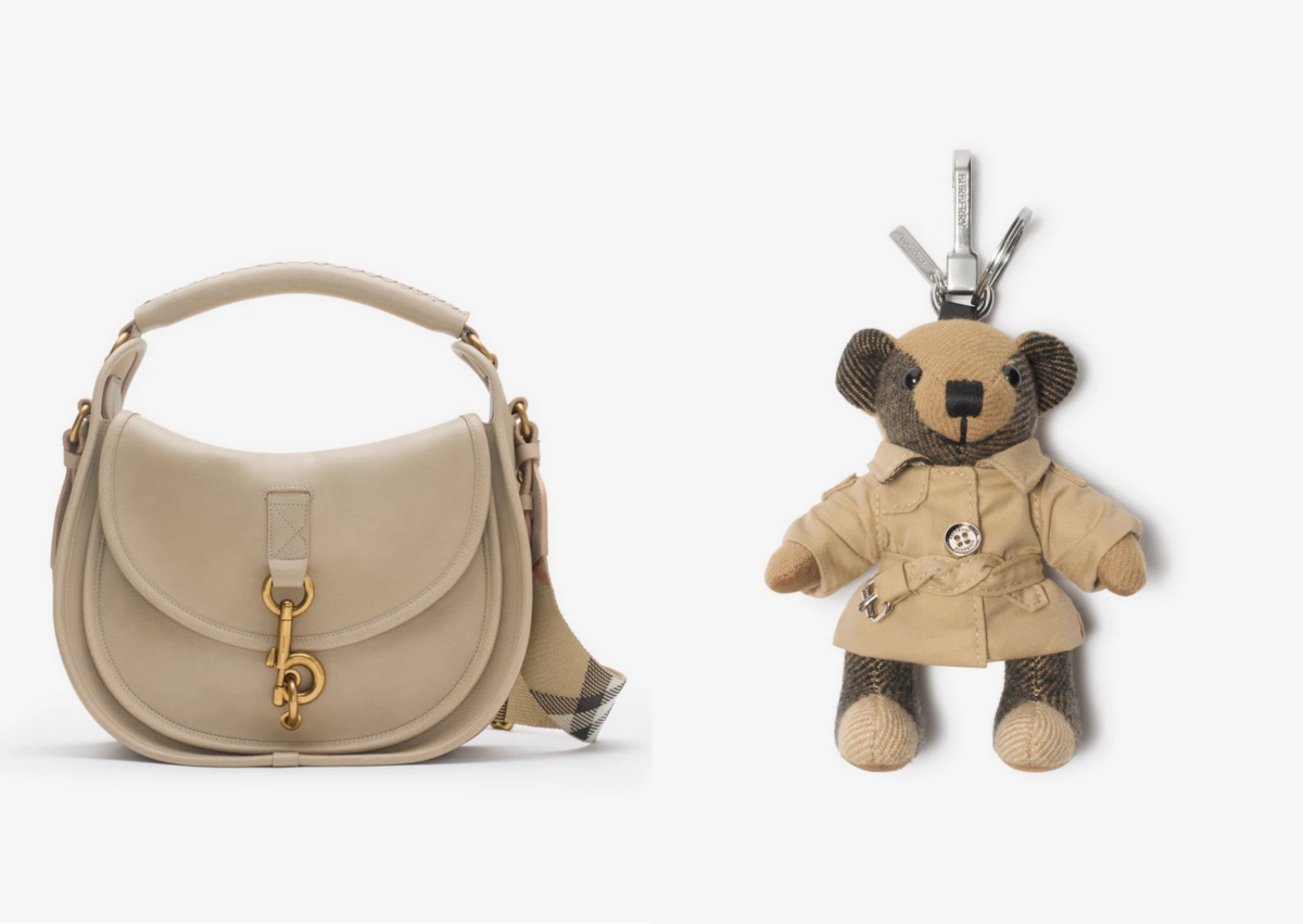 Burberry 蕈米色小型 B Clip 信差包 NT$89,000；典藏米色Thomas 泰迪熊吊飾 NT$13,200