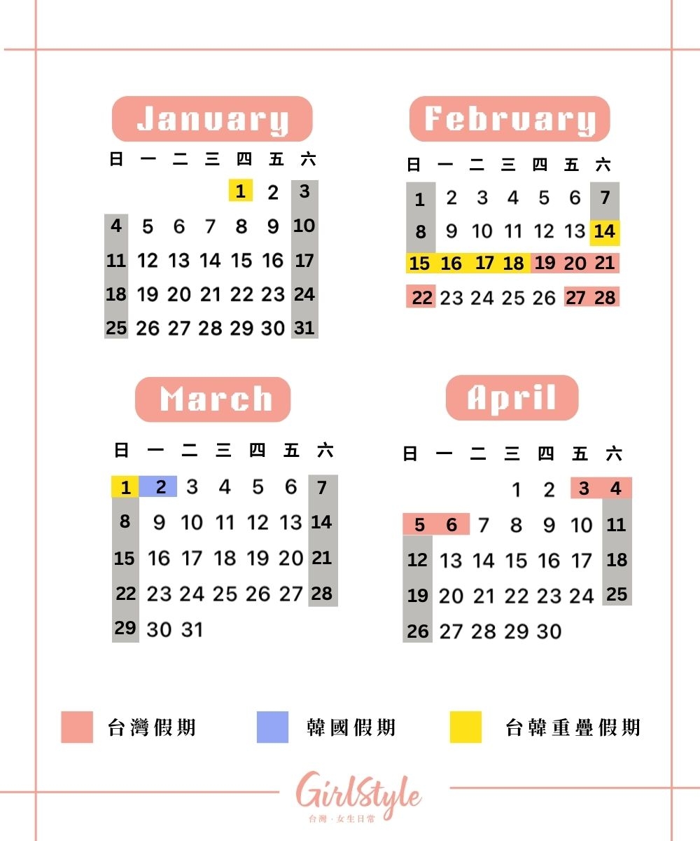 2026年台灣春節與寒假雙雙落在2月中，時程正好卡到韓國春假高峰。