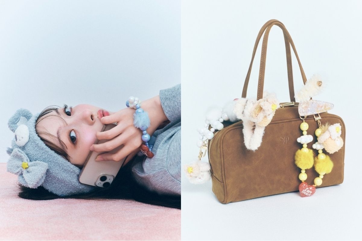 手機掛繩以蓬鬆針織為基底，搭配長毛感絨面與細緻亮珠。